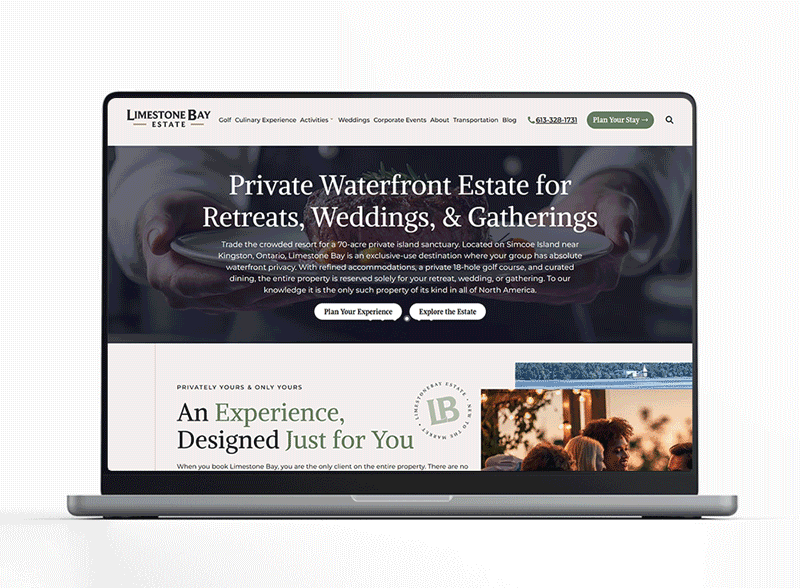 Limestone Bay Estate homepage on laptop screen